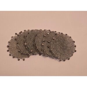 Set of 6 Beaded Coasters Silver Tone Round Drink‎ Mat Decorative Table Protector